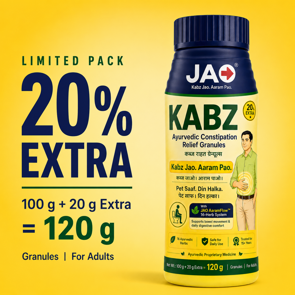 JAO KABZ Ayurvedic Constipation Relief Granules | 16 Ayurvedic Herbs | Supports Bowel Movement & Digestive Comfort | Safe for Daily Use | For Adults | 120 g