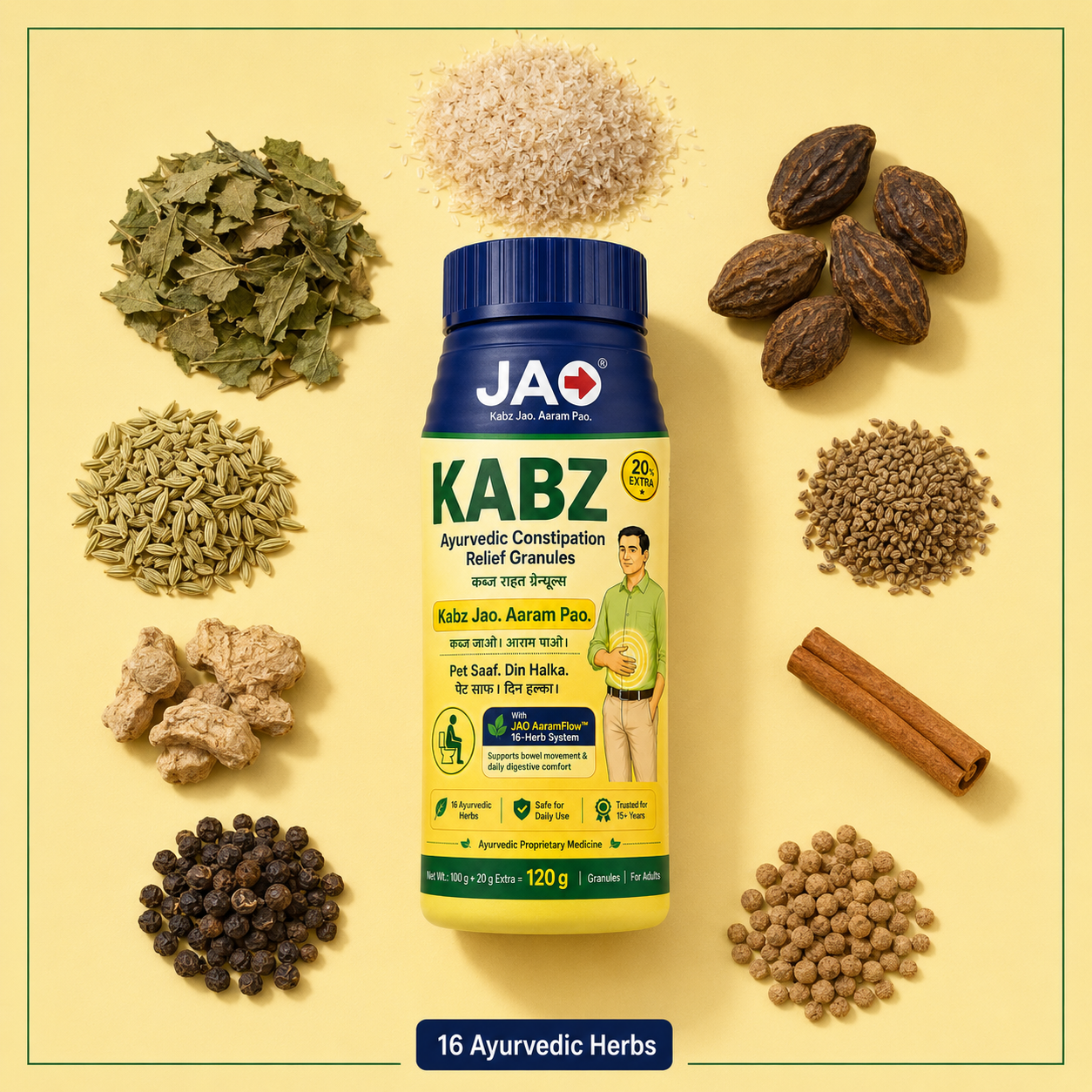 JAO KABZ Ayurvedic Constipation Relief Granules | 16 Ayurvedic Herbs | Supports Bowel Movement & Digestive Comfort | Safe for Daily Use | For Adults | 120 g