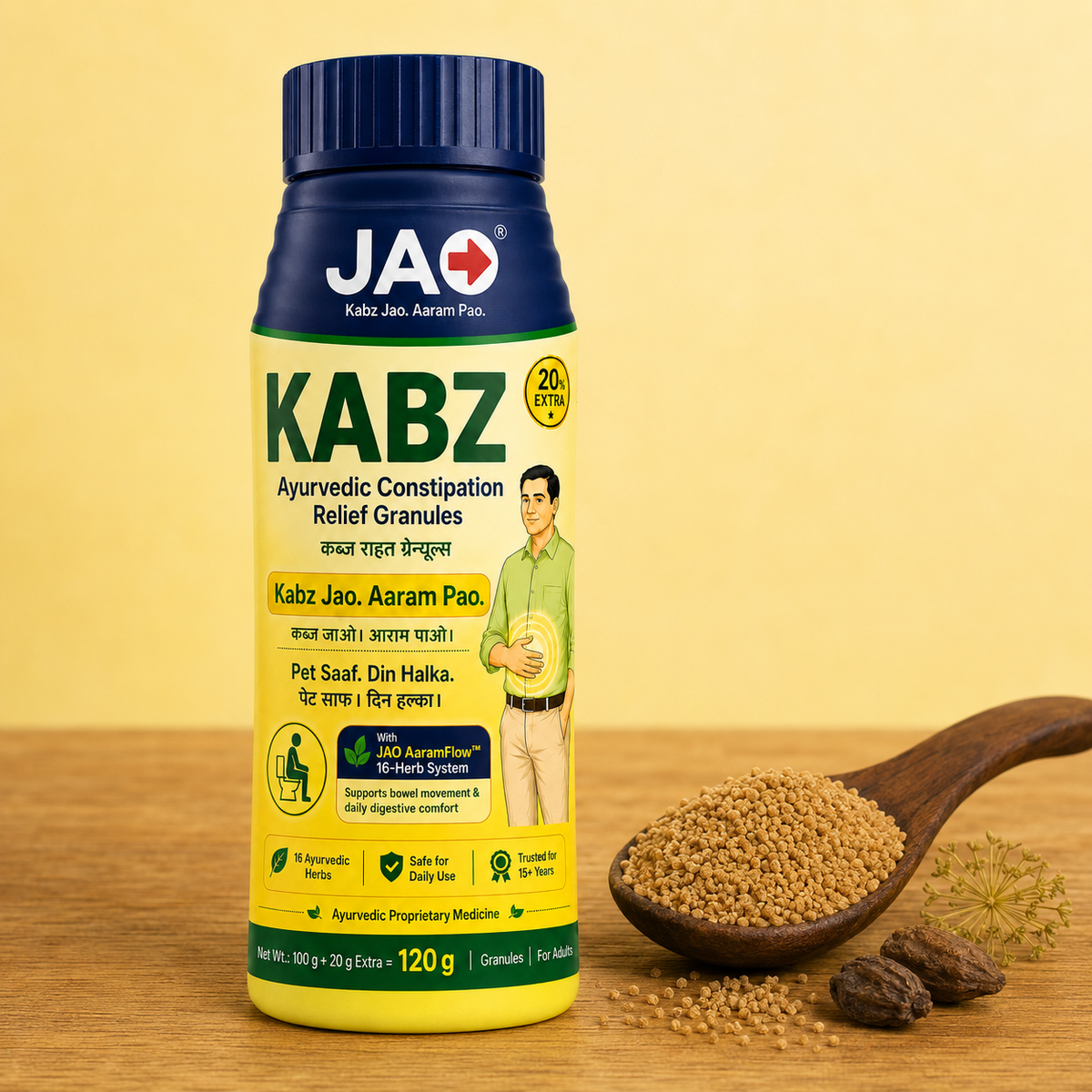 JAO KABZ Ayurvedic Constipation Relief Granules | 16 Ayurvedic Herbs | Supports Bowel Movement & Digestive Comfort | Safe for Daily Use | For Adults | 120 g