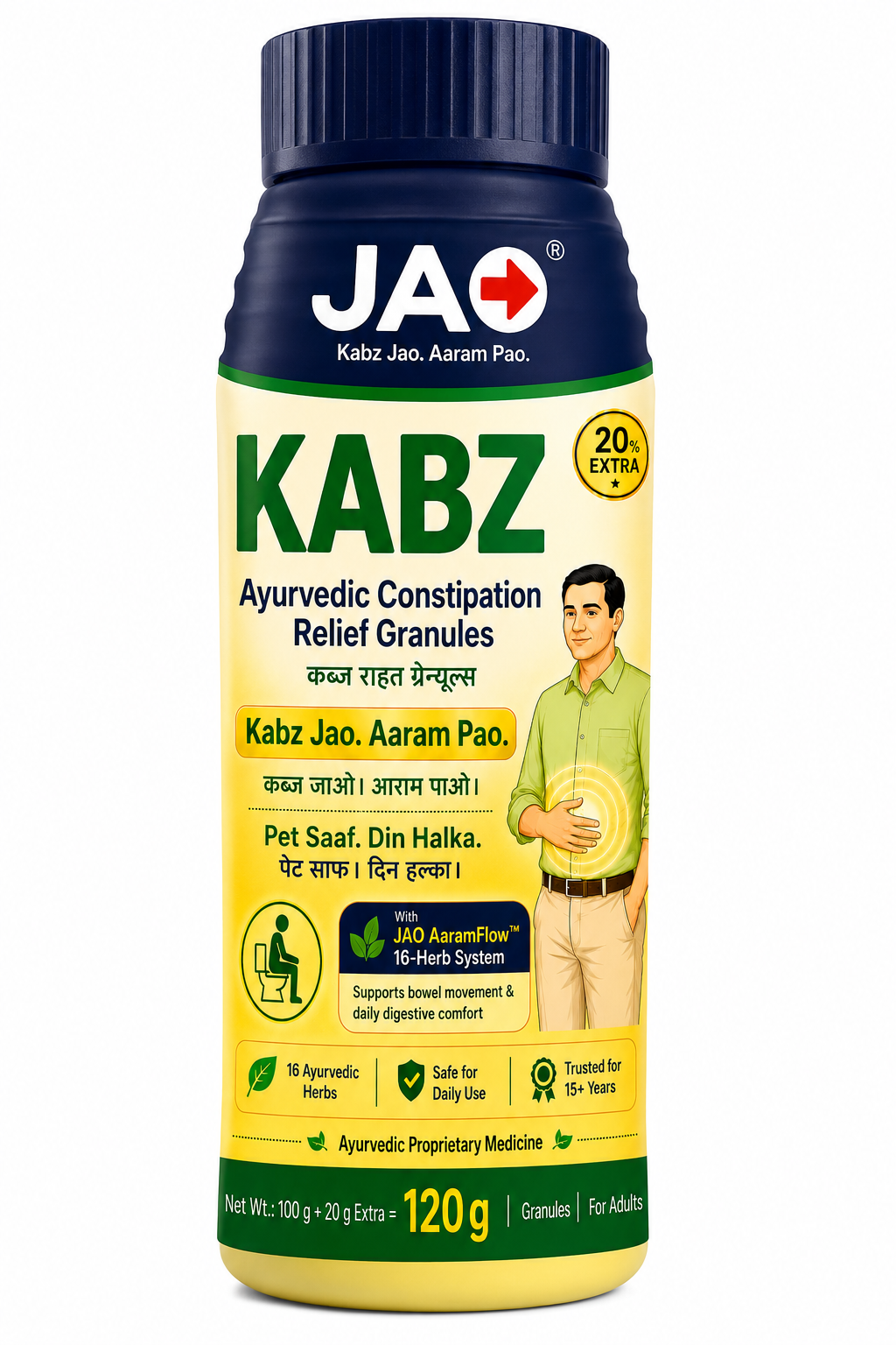 JAO KABZ Ayurvedic Constipation Relief Granules | 16 Ayurvedic Herbs | Supports Bowel Movement & Digestive Comfort | Safe for Daily Use | For Adults | 120 g