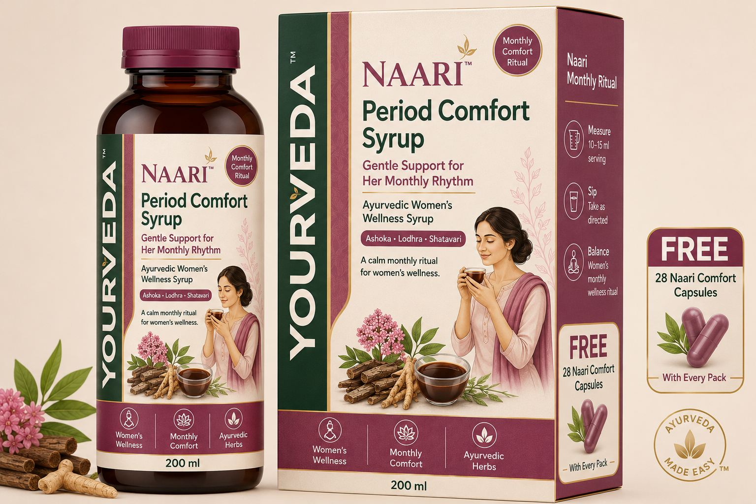 Yourveda Naari Period Comfort Syrup by YourVeda – Ayurvedic Women’s Wellness | 200 ml