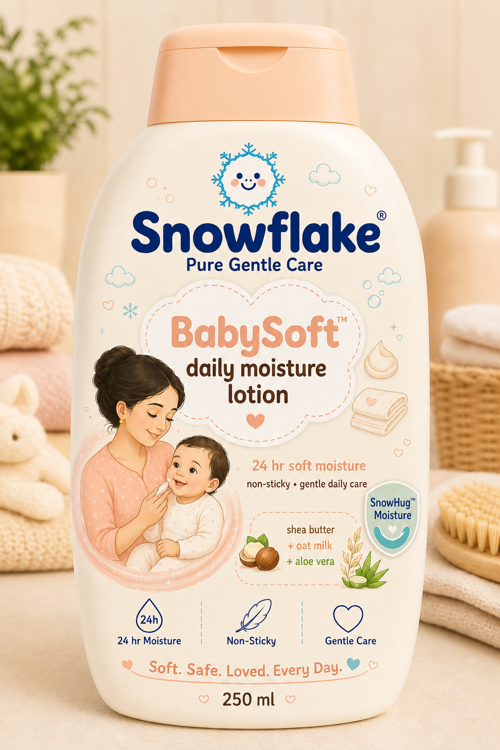 Snowflake® BabySoft™ Moisturising Baby Lotion | Shea Butter + Oat Milk + Aloe Vera | 24H Moisture | 200 ml