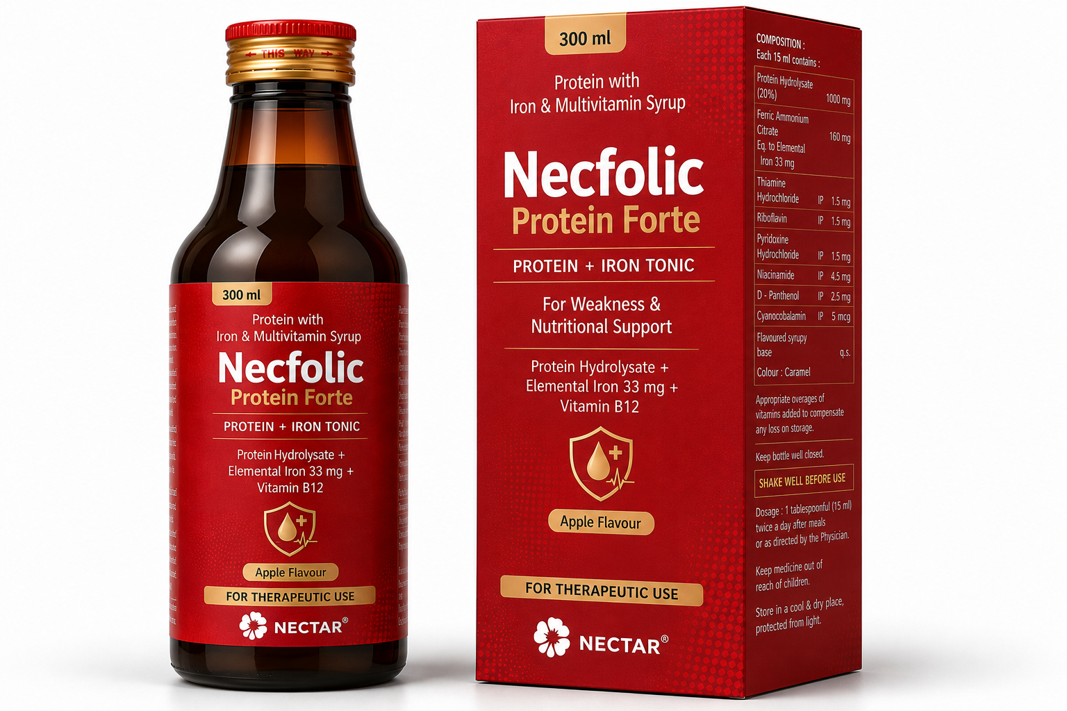 Necfolic Protein Forte Syrup — Apple Flavour, 300 ml