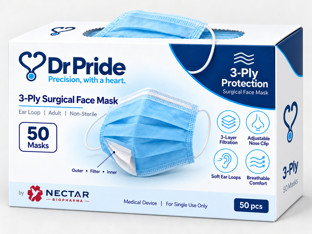 Dr Pride 3-Ply Surgical Face Mask | 3-Layer Filtration, Soft Ear Loops, Adjustable Nose Clip | Blue | 50 Masks