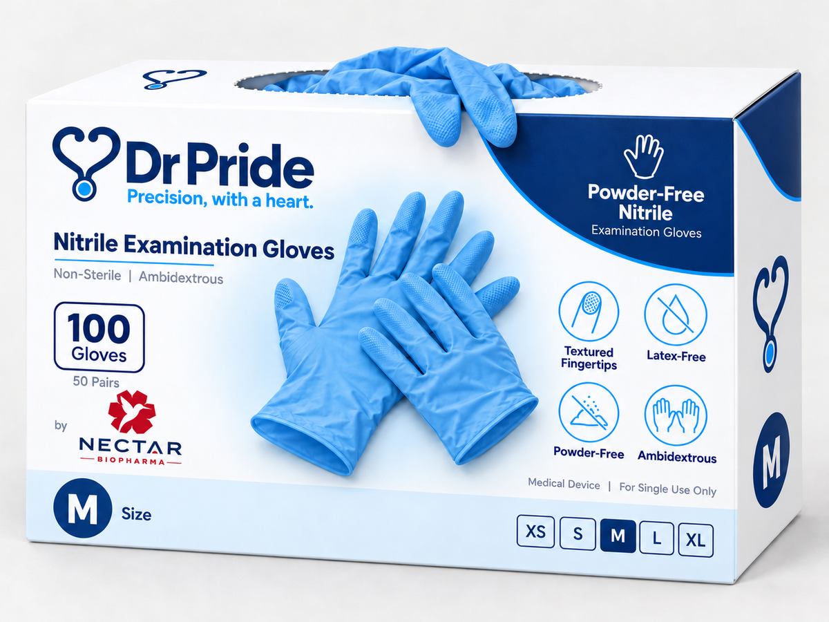 Dr Pride Nitrile Examination Gloves | Powder-Free, Latex-Free, Non-Sterile | Blue | 100 Gloves (50 Pairs) | Size M