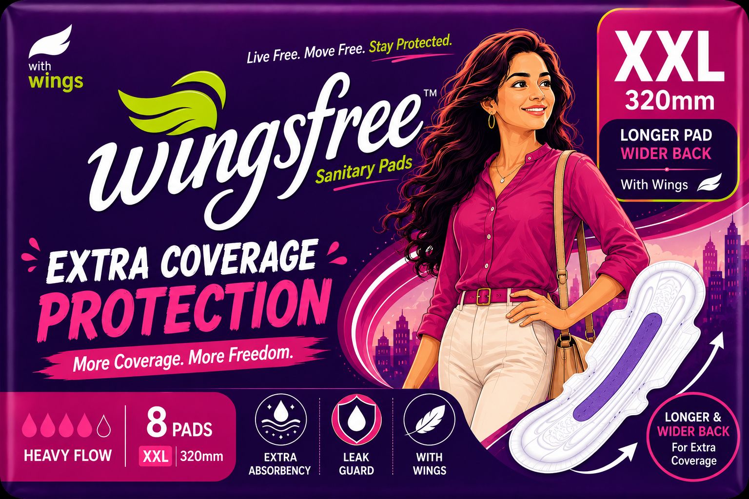 Wingsfree™ Extra Coverage Protection Sanitary Pads — XXL 320 mm, 8 Pads