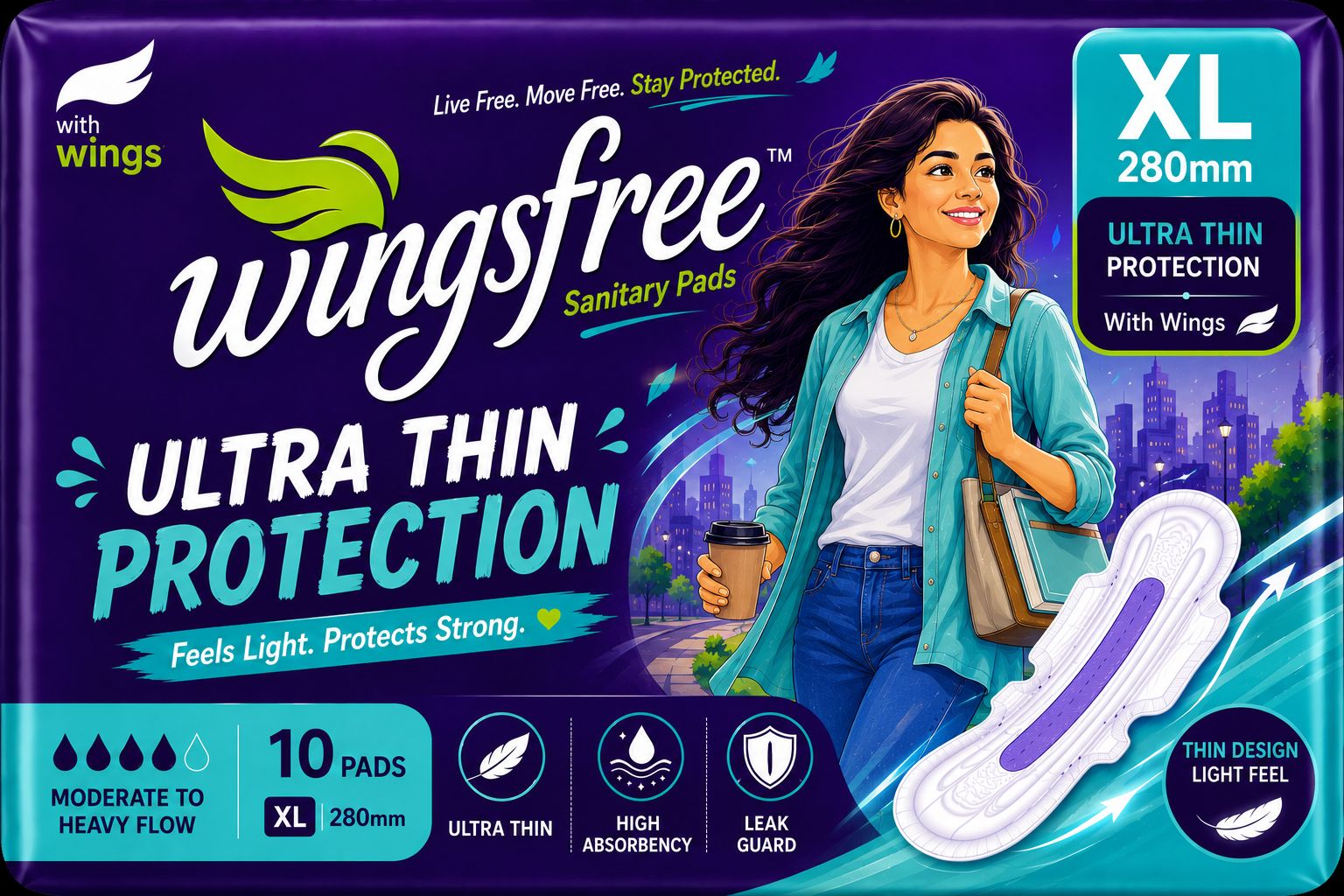 Wingsfree™ Ultra Thin Protection Sanitary Pads — XL 280 mm, 10 Pads